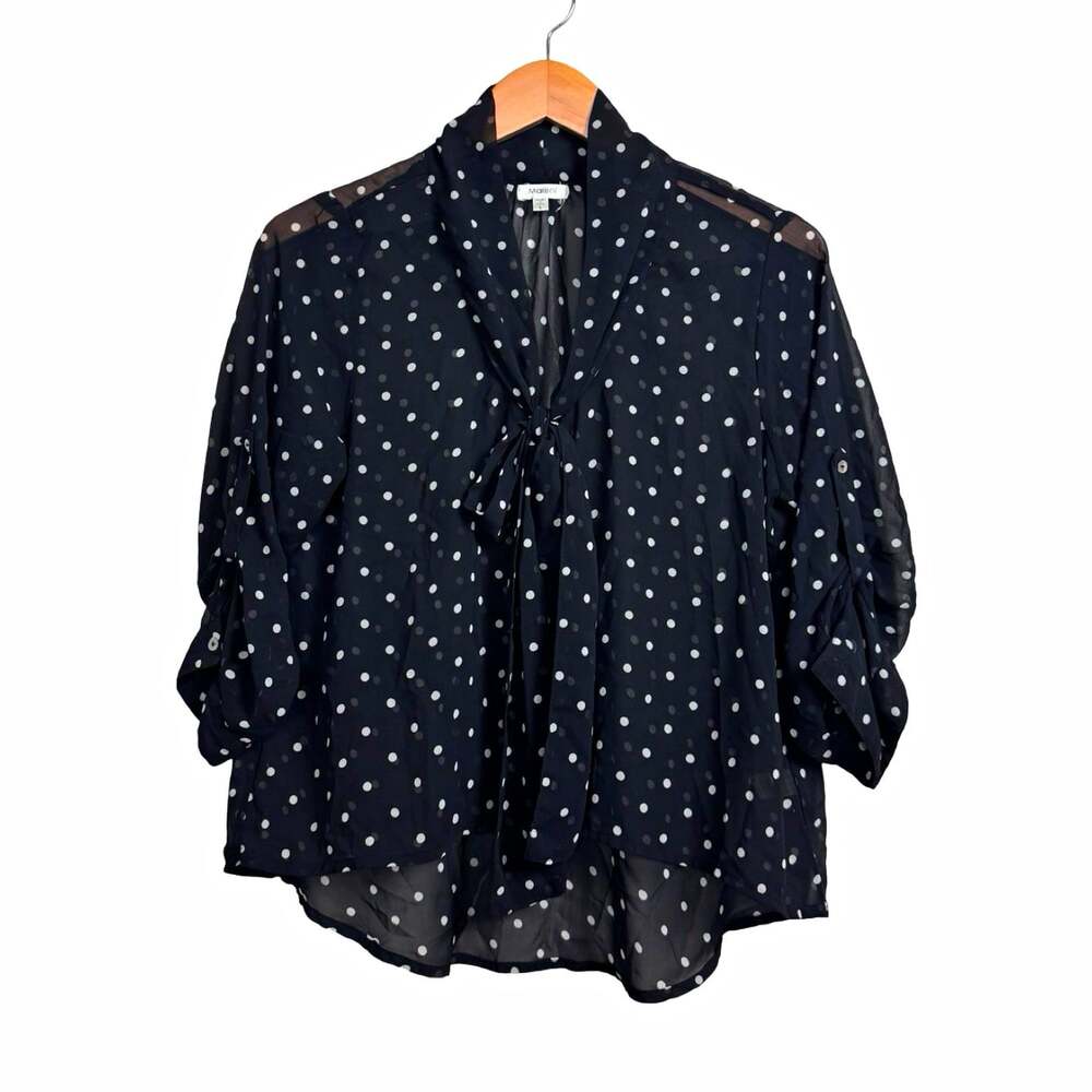 Marisol Women’s Blouse Size L Black/White Polka Dot Sheer Chiffon Tie Neck